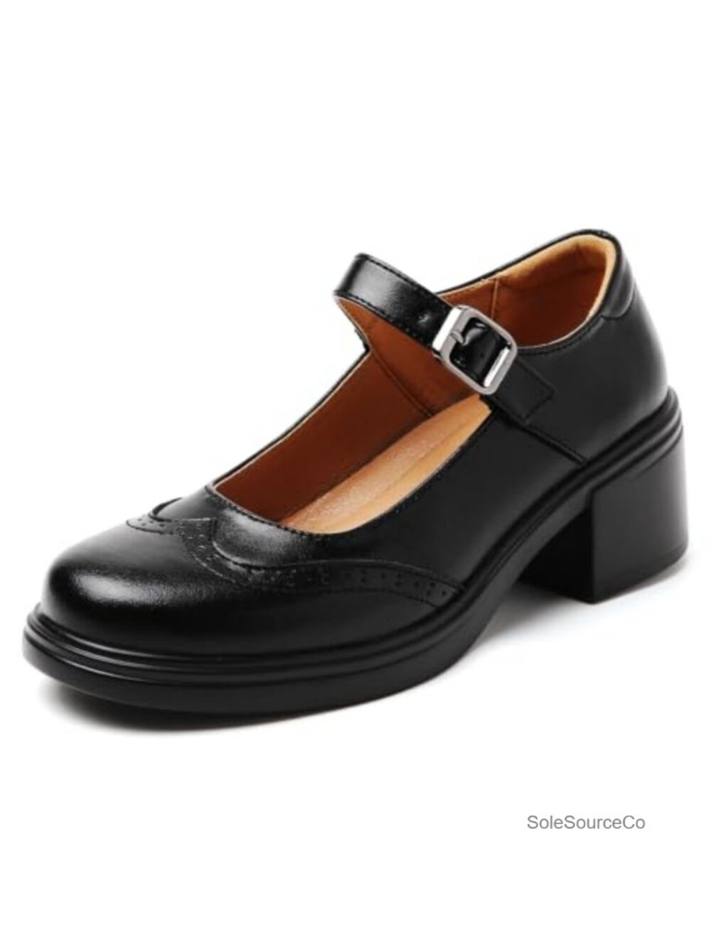 Faux Leather Chunky Block Heel Mary Jane Brogue Dress Pumps